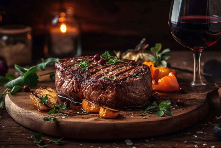 up close of steak served with carrot and a glass of red wine