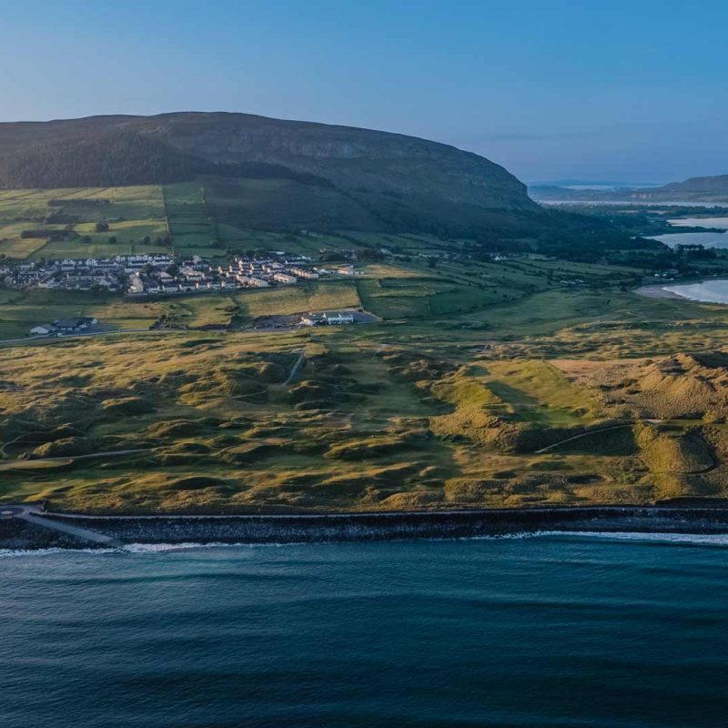 Aerial view of the golf course along the ocean